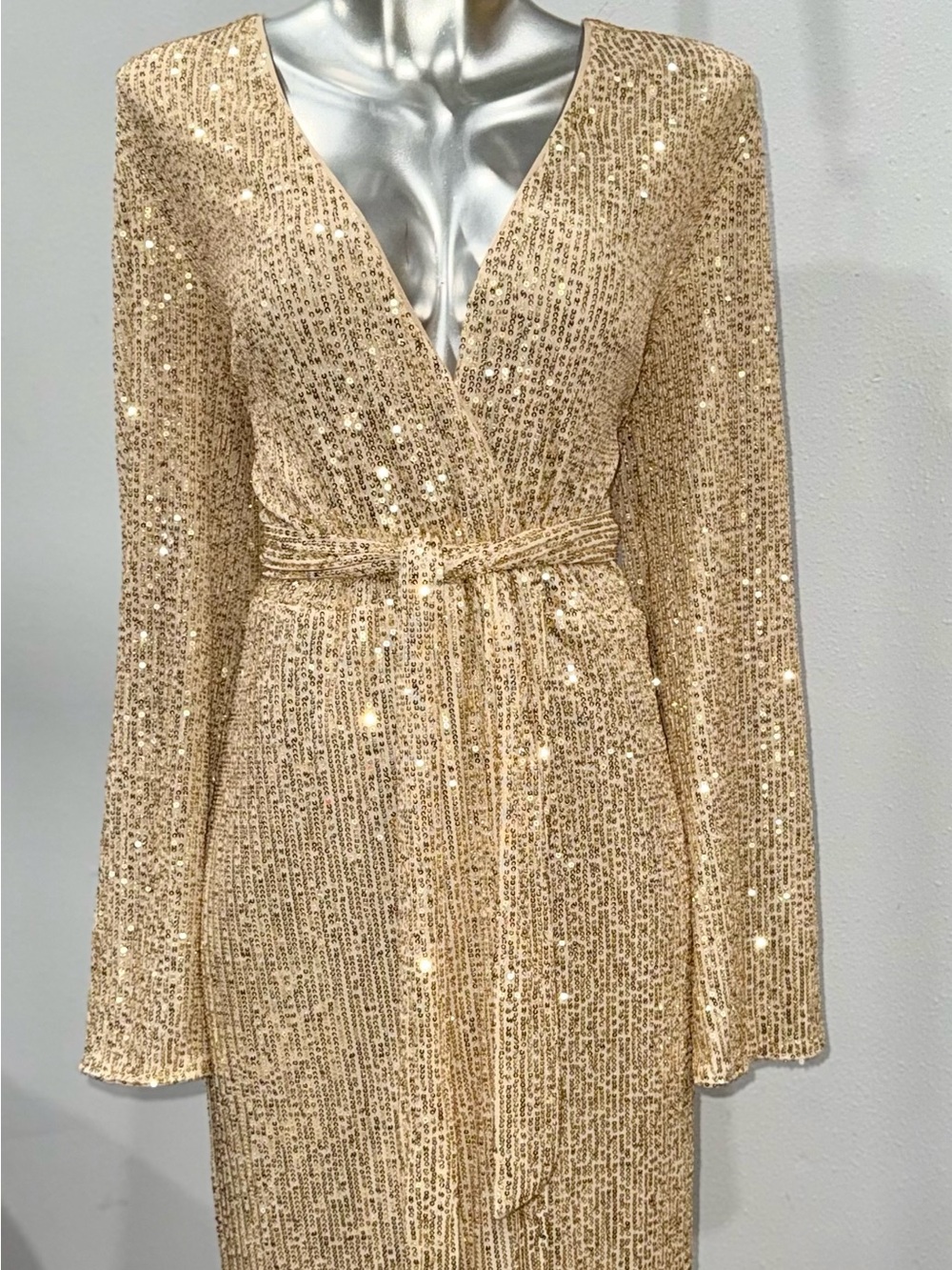 Gold Sequin Wrap Dress with Waist Tie
